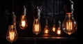 Cozy tungsten light bulbs with vintage design decorating a dark interior. Warm orange glow. Generative AI