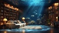 Cozy underwater-themed library lounge with aquarium ambiance