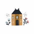 Cozy vector clipart isolated on background with cute house and flowers