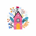 Cozy vector clipart isolated on background with cute house and flowers.