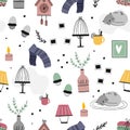 Cozy vector seamless pattern for your design. Interior elements, cat, potted plants, drinks, Slippers, scarf, candles