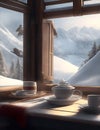 cozy view from inside the chalet on the top of the mountain, snow falling illustration Royalty Free Stock Photo