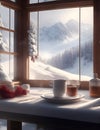 cozy view from inside the chalet on the top of the mountain, snow falling illustration Royalty Free Stock Photo