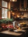 Cozy village kitchen with Christmas decor, new Year\'s mood, preparing for the holiday, utensils.