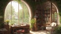 A cozy village library with a charming garden view