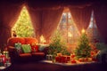 Cozy vintage Christmas holdiay decorated room, Christmas tree, fireplace, candles, toys, fur carpet and tartan plaid armchair Royalty Free Stock Photo