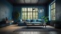 Cozy vintage living room in blue and gray tones. Stylish corner sofa with pillows, coffee table, carpet on wooden floor Royalty Free Stock Photo