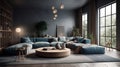 Cozy vintage living room in blue and gray tones. Stylish corner sofa with pillows, round coffee table, carpet on wooden Royalty Free Stock Photo