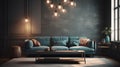 Cozy vintage living room in blue and gray tones. Stylish sofa with pillows, wooden coffee table, carpet, trendy pendant Royalty Free Stock Photo