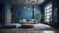 Cozy vintage living room in blue tones. Comfortable sofa with pillows, ottomans, carpet on the wooden floor, pendant Royalty Free Stock Photo