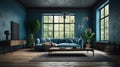 Cozy vintage living room in blue tones. Comfortable sofa with pillows and plaid, coffee table, carpet on the wooden Royalty Free Stock Photo