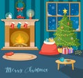 Cozy Vintage room at Christmas night. Empty home interior with fireplace, burning candles, decorated fir tree with gifts Royalty Free Stock Photo