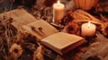 Cozy vintage setting with book and glowing candles