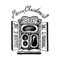 Cozy vintage snowy window with Christmas inscription hand drawn