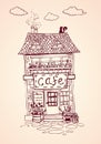 Cozy vintage street cafe house. European architecture. Hand drawn Vector Illustration. Royalty Free Stock Photo