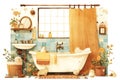 Cozy vintage-style illustrated bathroom with claw-foot tub