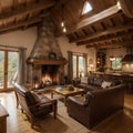 cozy warm home interior of a chic country house with an open plan, wood finishes, warm colors and a hearth view of