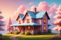 cozy warm house of pastel pink color in warm colors with a roof made of warm fur