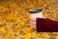 A cozy warm photo of a craft cup of hot coffee in hands against a background of fallen yellow leaves Royalty Free Stock Photo