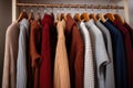 Cozy warm wardrobe, knitted cardigans hanging on a hanger in the closet Royalty Free Stock Photo