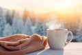 Cozy warm winter composition with cup of hot coffee or chocolate, cozy blanket and snowy landscape on sunny winter day. Christmas Royalty Free Stock Photo