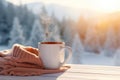 Cozy warm winter composition with cup of hot coffee or chocolate, cozy blanket and snowy landscape on sunny winter day. Christmas Royalty Free Stock Photo