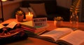 Cozy Welcome Back Scene with Books and Candlelight Royalty Free Stock Photo