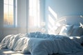 Cozy white bed in light blue bedroom, ai generated Royalty Free Stock Photo