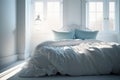 Cozy white bed in light blue bedroom, ai generated Royalty Free Stock Photo