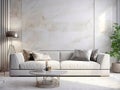 Cozy white sofa against marble stone wall. Interior design of modern living room. Created with generative AI Royalty Free Stock Photo