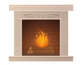 Cozy white stone burning fireplace in cartoon style.