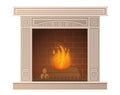 Cozy white stone burning fireplace in cartoon style