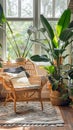 Cozy Wicker Chair in Bright Sunroom with Lush Green Houseplants Biophilic Design