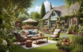 Cozy wicker sofa set and hanging chair in the garden Royalty Free Stock Photo