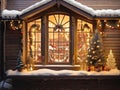 Cozy window with Christmas decor and warm light inside - view from outside the house. celebrate Christmas and New Year, Christmas Royalty Free Stock Photo