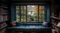 Cozy window seat in a library with autumn view Royalty Free Stock Photo