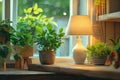 Cozy Window Sill Scene with Plants and Lamp AI Generated