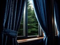 Cozy window view with elegant blue curtains overlooking a forest