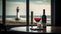 Cozy Wine Tasting with Lighthouse View Generative AI Royalty Free Stock Photo