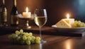 Cozy wine tasting setting glass of white wine, cheese, and grapes. A warm and inviting atmosphere for a relaxed evening