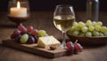 Cozy wine tasting setting glass of white wine, cheese, and grapes. A warm and inviting atmosphere for a relaxed evening