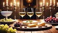 Cozy wine tasting setting glasses of white wine, cheese, and grapes. A warm and inviting atmosphere for a relaxed