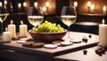 Cozy wine tasting setting two glasses of white wine, cheese, and grapes. A warm and inviting atmosphere for a relaxed