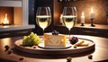 Cozy wine tasting setting two glasses of white wine, cheese, and grapes. A warm and inviting atmosphere for a relaxed