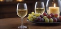 Cozy wine tasting setting two glasses of white wine, cheese, and grapes. A warm and inviting atmosphere for a relaxed