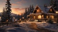 Cozy winter aesthetic with a warm glow, snow-laden pines, and tranquil serenity