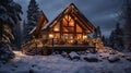 Cozy winter aesthetic with a warm glow, snow-laden pines, and tranquil serenity