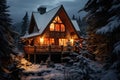 Cozy winter aesthetic with a warm glow, snow-laden pines, and tranquil serenity
