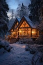 Cozy winter aesthetic with a warm glow, snow-laden pines, and tranquil serenity