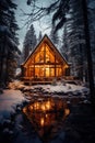 Cozy winter aesthetic with a warm glow, snow-laden pines, and tranquil serenity